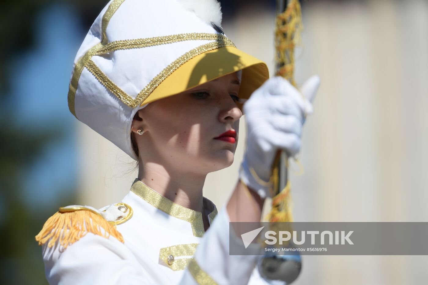 Procession of participants in international military music festival, Spasskaya Tower, at VDNKh