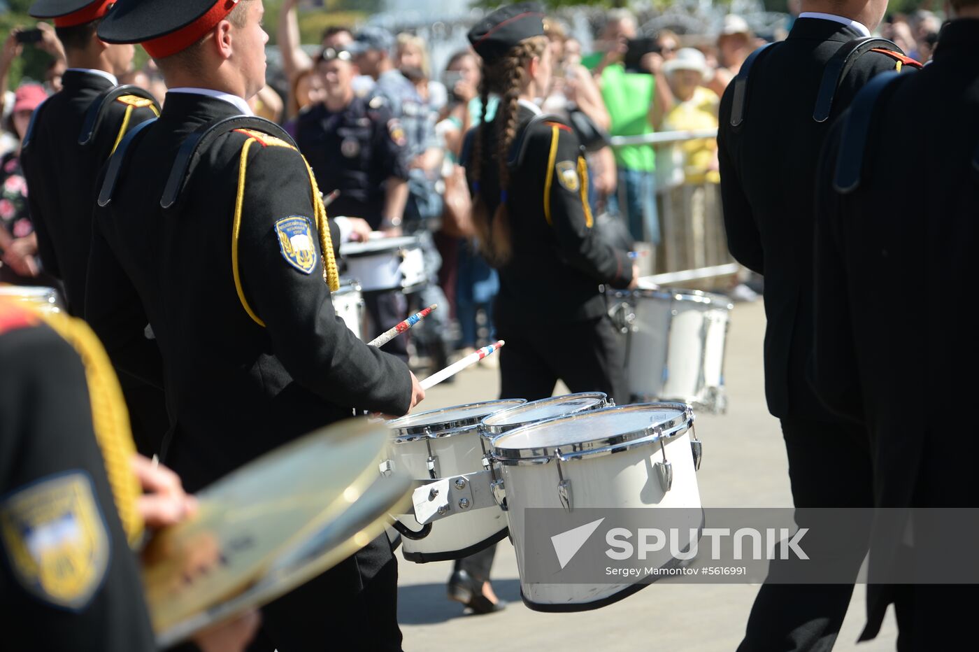 Procession of participants in international military music festival, Spasskaya Tower, at VDNKh