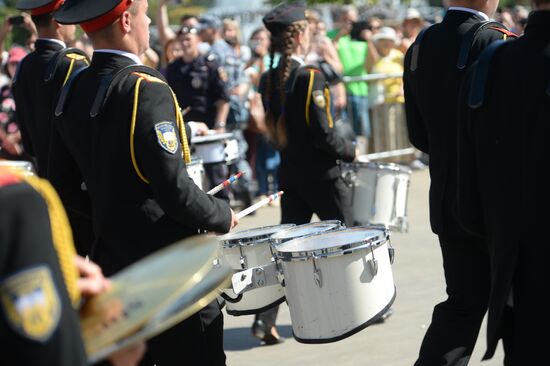 Procession of participants in international military music festival, Spasskaya Tower, at VDNKh