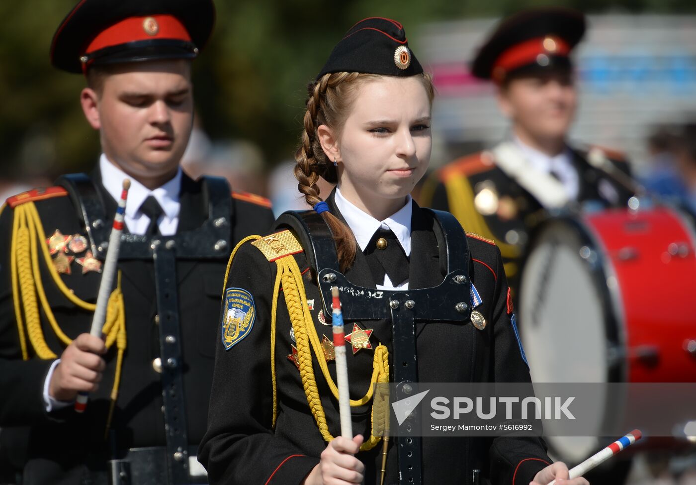 Procession of participants in international military music festival, Spasskaya Tower, at VDNKh