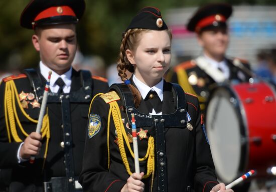 Procession of participants in international military music festival, Spasskaya Tower, at VDNKh