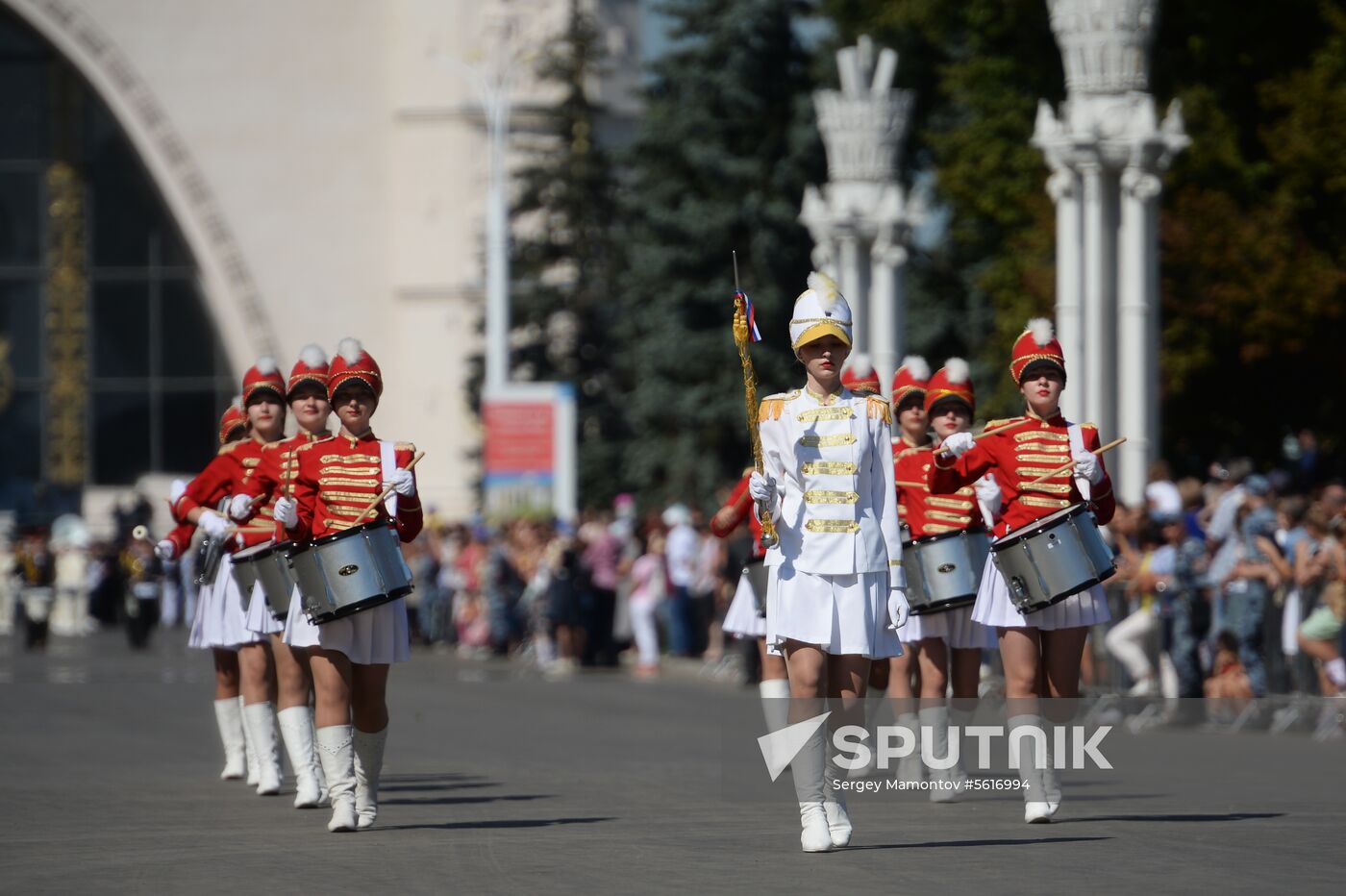 Procession of participants in international military music festival, Spasskaya Tower, at VDNKh