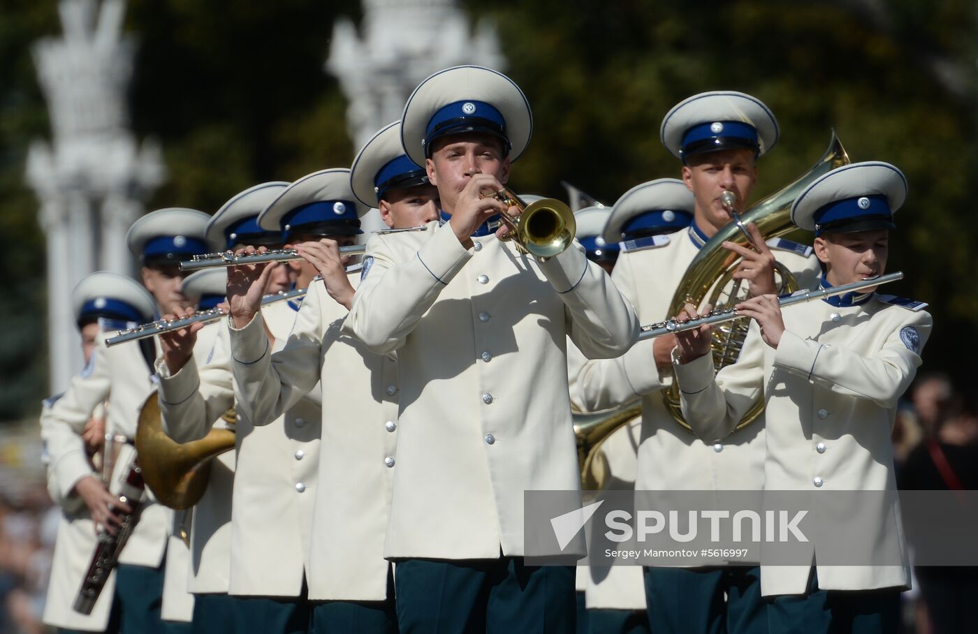 Procession of participants in international military music festival, Spasskaya Tower, at VDNKh
