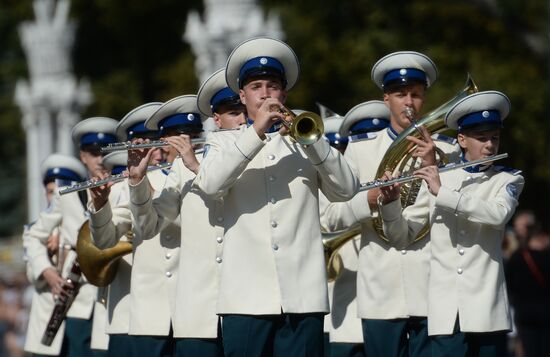 Procession of participants in international military music festival, Spasskaya Tower, at VDNKh