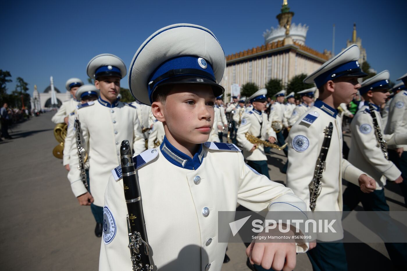 Procession of participants in international military music festival, Spasskaya Tower, at VDNKh