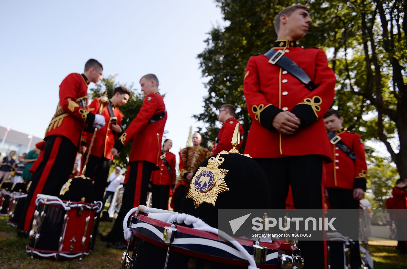 Procession of participants in international military music festival, Spasskaya Tower, at VDNKh