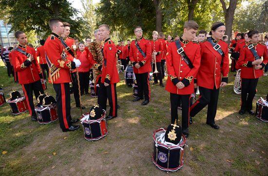 Procession of participants in international military music festival, Spasskaya Tower, at VDNKh