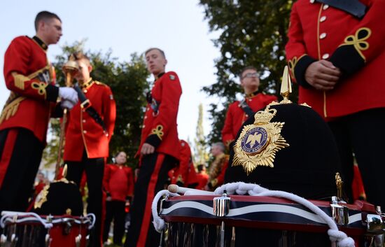 Procession of participants in international military music festival, Spasskaya Tower, at VDNKh