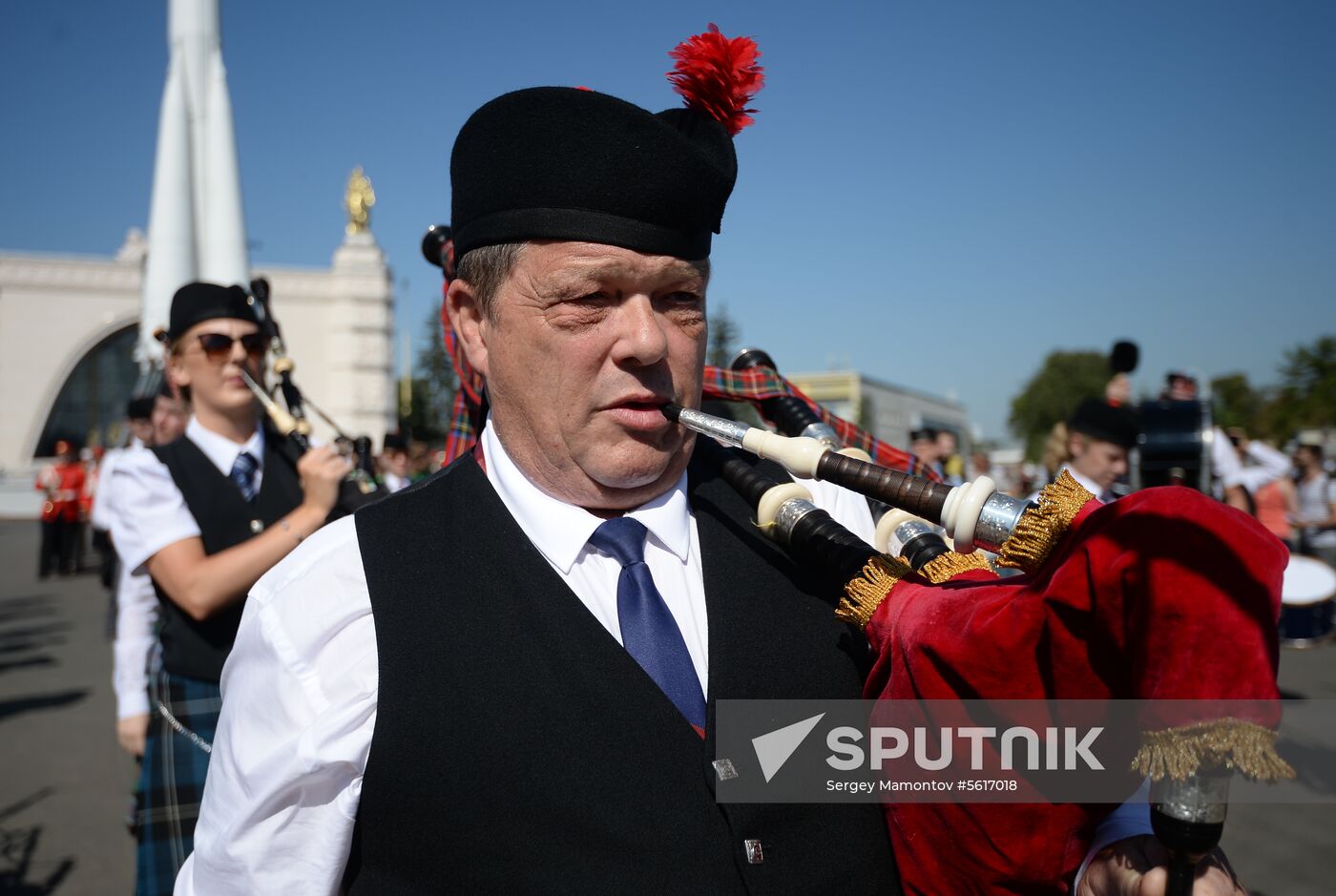 Procession of participants in international military music festival, Spasskaya Tower, at VDNKh