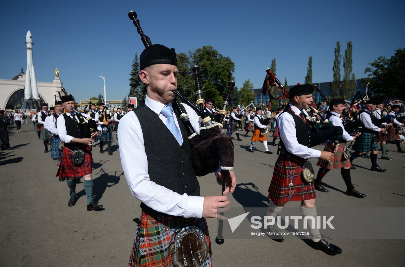 Procession of participants in international military music festival, Spasskaya Tower, at VDNKh