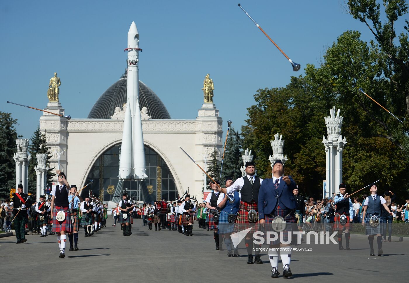 Procession of participants in international military music festival, Spasskaya Tower, at VDNKh