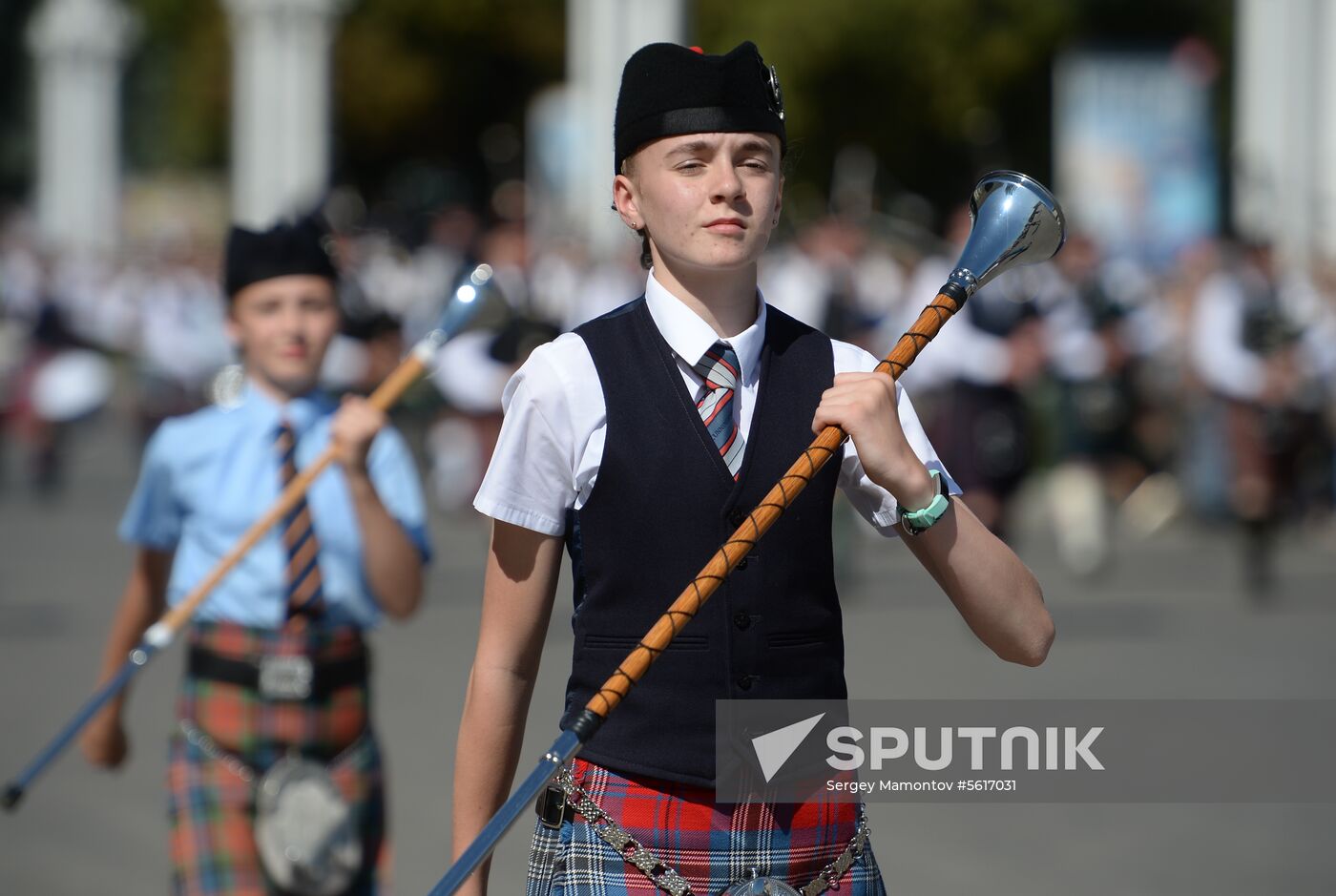 Procession of participants in international military music festival, Spasskaya Tower, at VDNKh