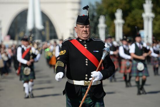 Procession of participants in international military music festival, Spasskaya Tower, at VDNKh