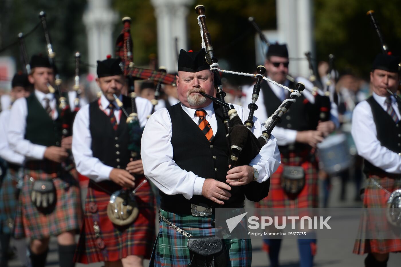 Procession of participants in international military music festival, Spasskaya Tower, at VDNKh