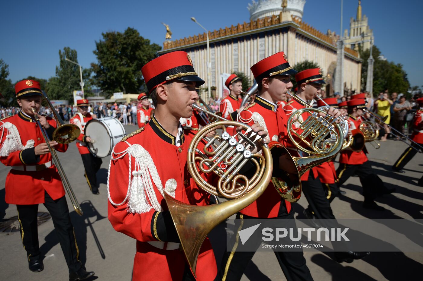 Procession of participants in international military music festival, Spasskaya Tower, at VDNKh