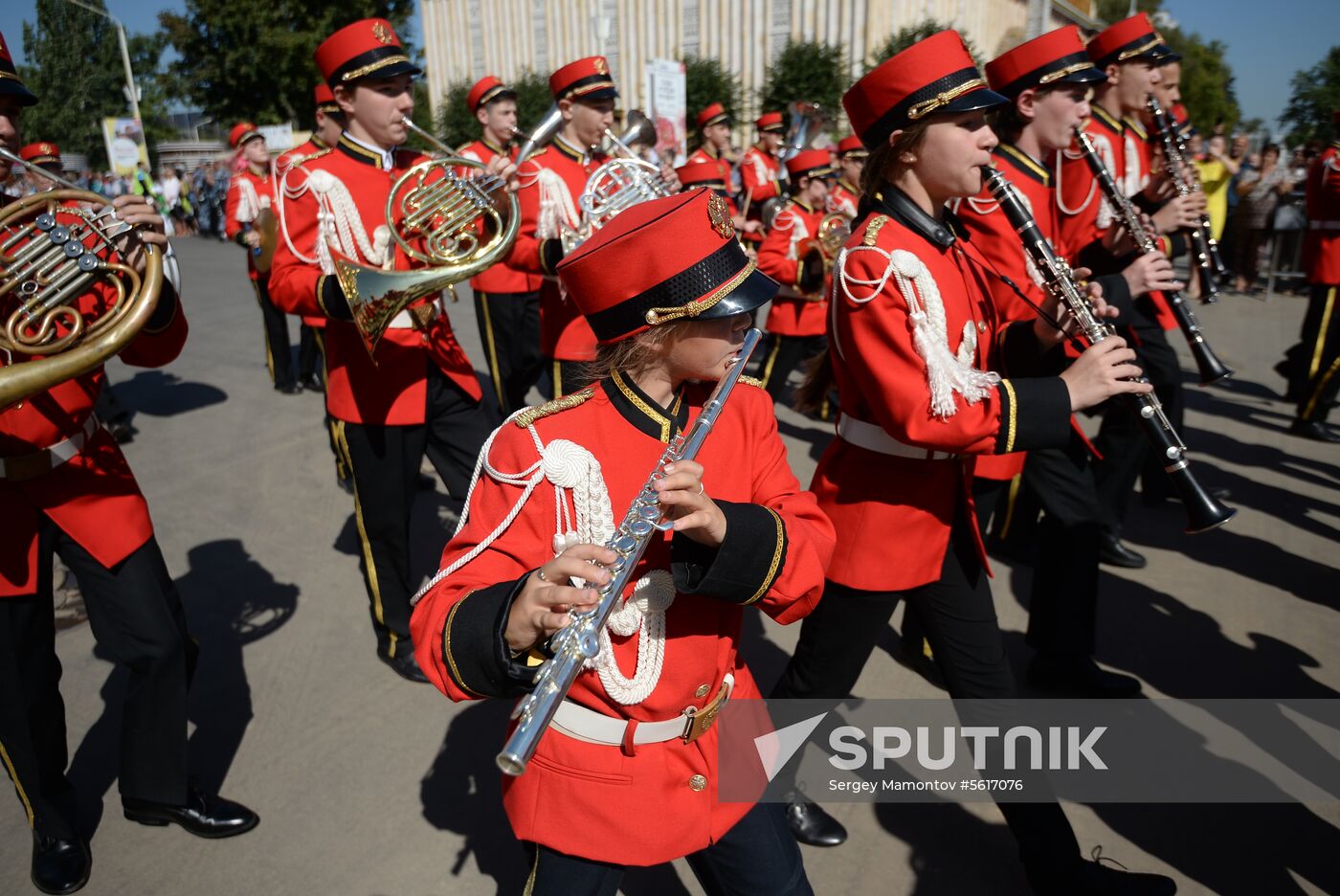 Procession of participants in international military music festival, Spasskaya Tower, at VDNKh