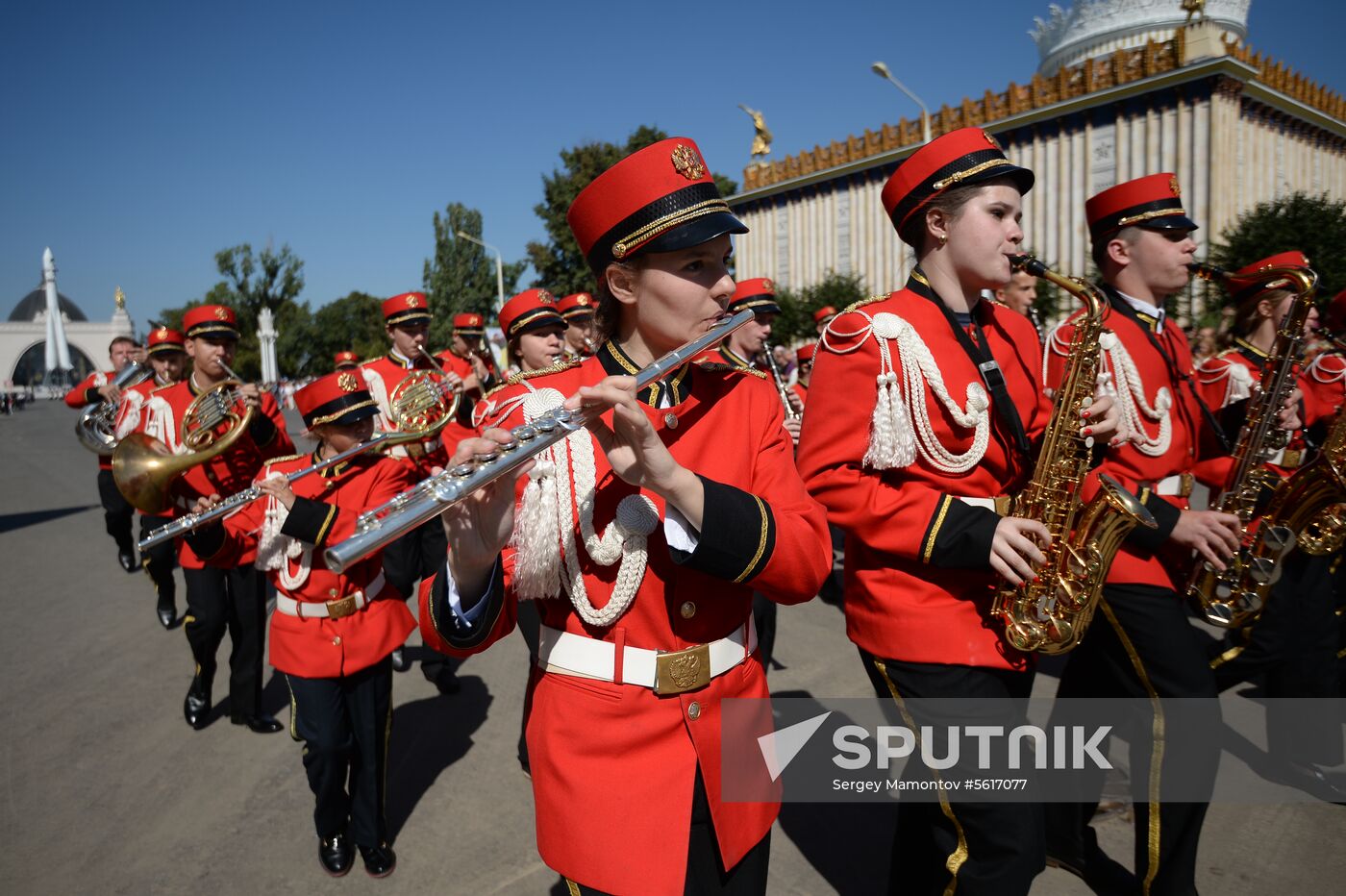 Procession of participants in international military music festival, Spasskaya Tower, at VDNKh