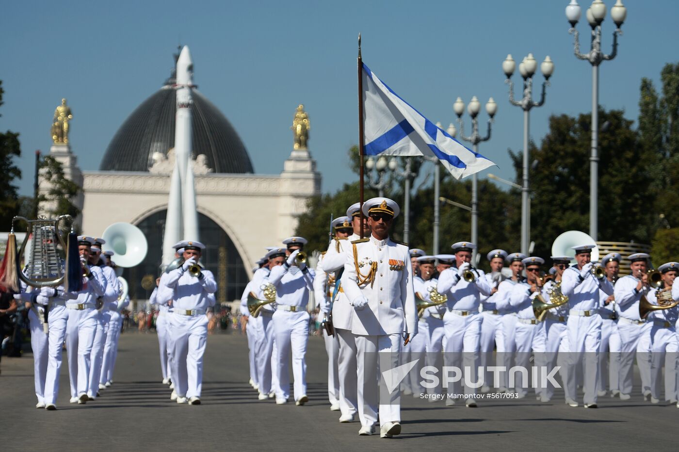 Procession of participants in international military music festival, Spasskaya Tower, at VDNKh