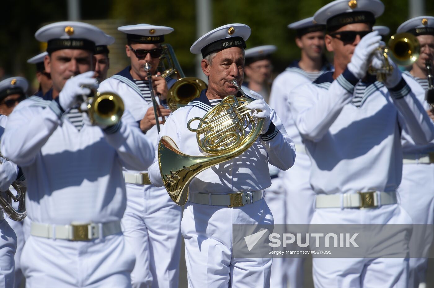 Procession of participants in international military music festival, Spasskaya Tower, at VDNKh