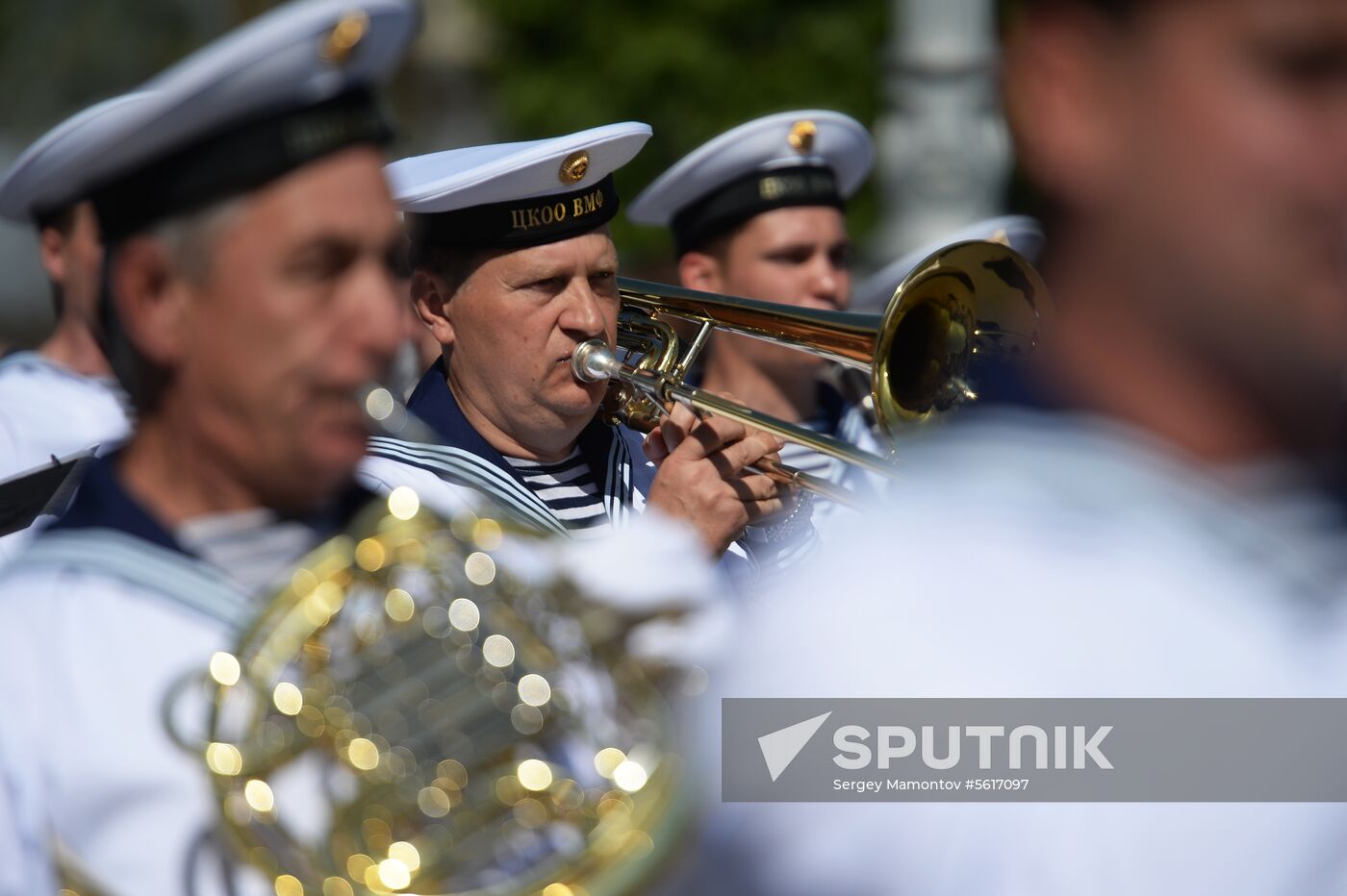 Procession of participants in international military music festival, Spasskaya Tower, at VDNKh