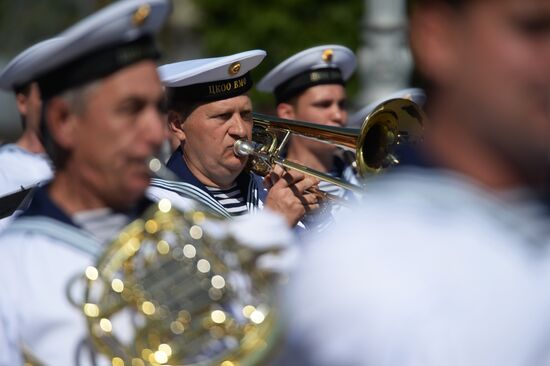 Procession of participants in international military music festival, Spasskaya Tower, at VDNKh