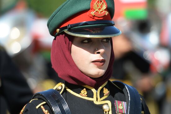 Procession of participants in international military music festival, Spasskaya Tower, at VDNKh