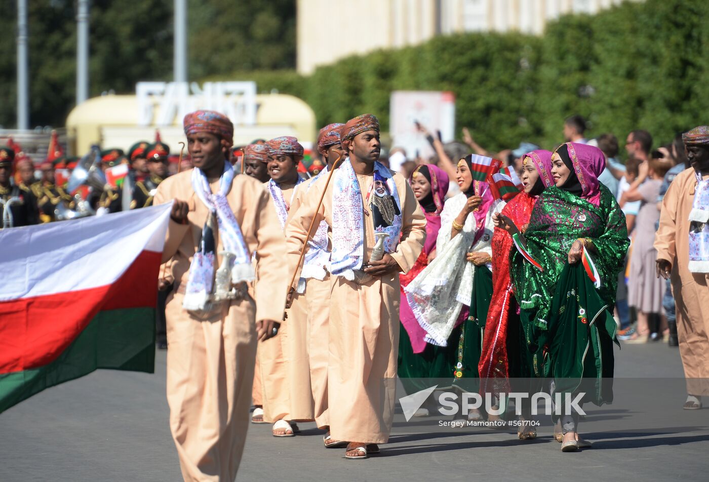 Procession of participants in international military music festival, Spasskaya Tower, at VDNKh