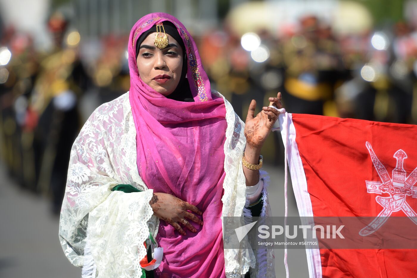Procession of participants in international military music festival, Spasskaya Tower, at VDNKh