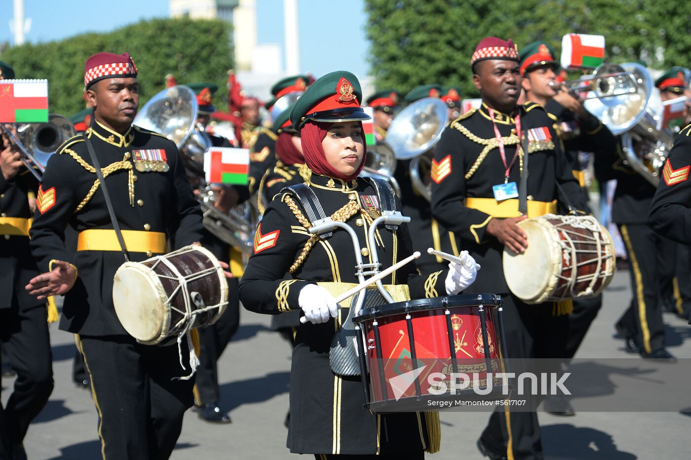 Procession of participants in international military music festival, Spasskaya Tower, at VDNKh