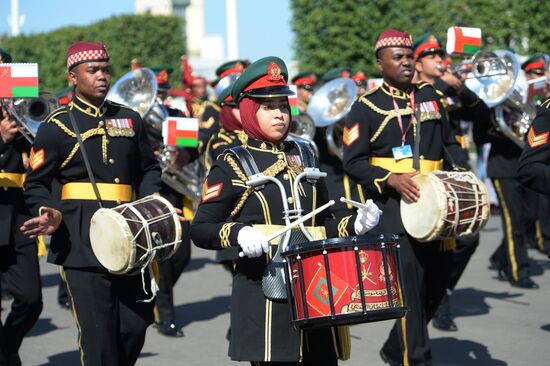 Procession of participants in international military music festival, Spasskaya Tower, at VDNKh