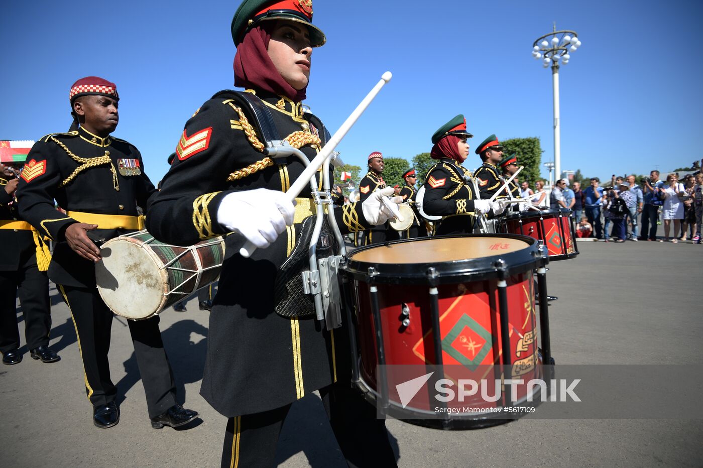 Procession of participants in international military music festival, Spasskaya Tower, at VDNKh