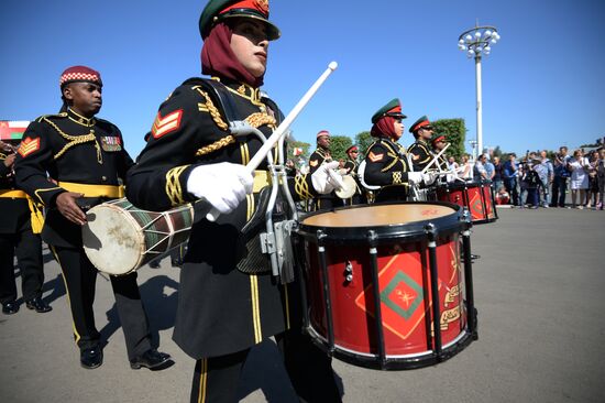 Procession of participants in international military music festival, Spasskaya Tower, at VDNKh