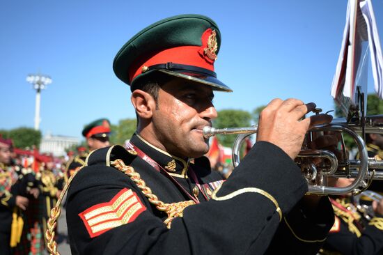 Procession of participants in international military music festival, Spasskaya Tower, at VDNKh