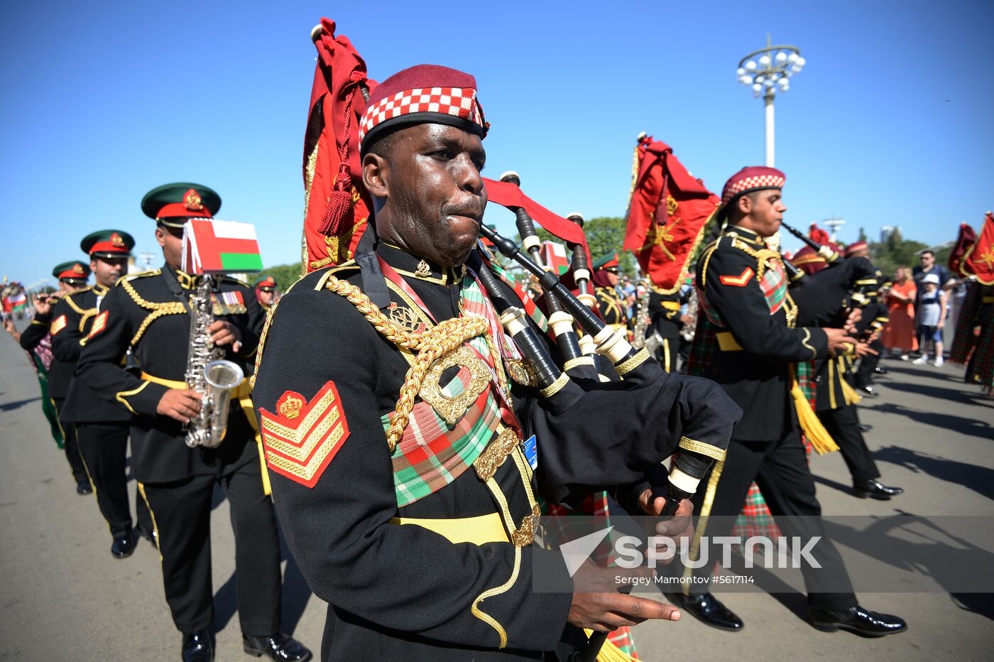 Procession of participants in international military music festival, Spasskaya Tower, at VDNKh
