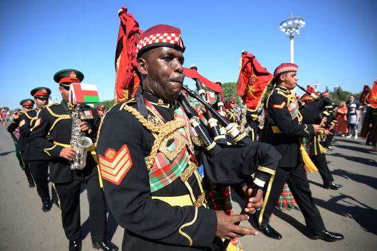 Procession of participants in international military music festival, Spasskaya Tower, at VDNKh