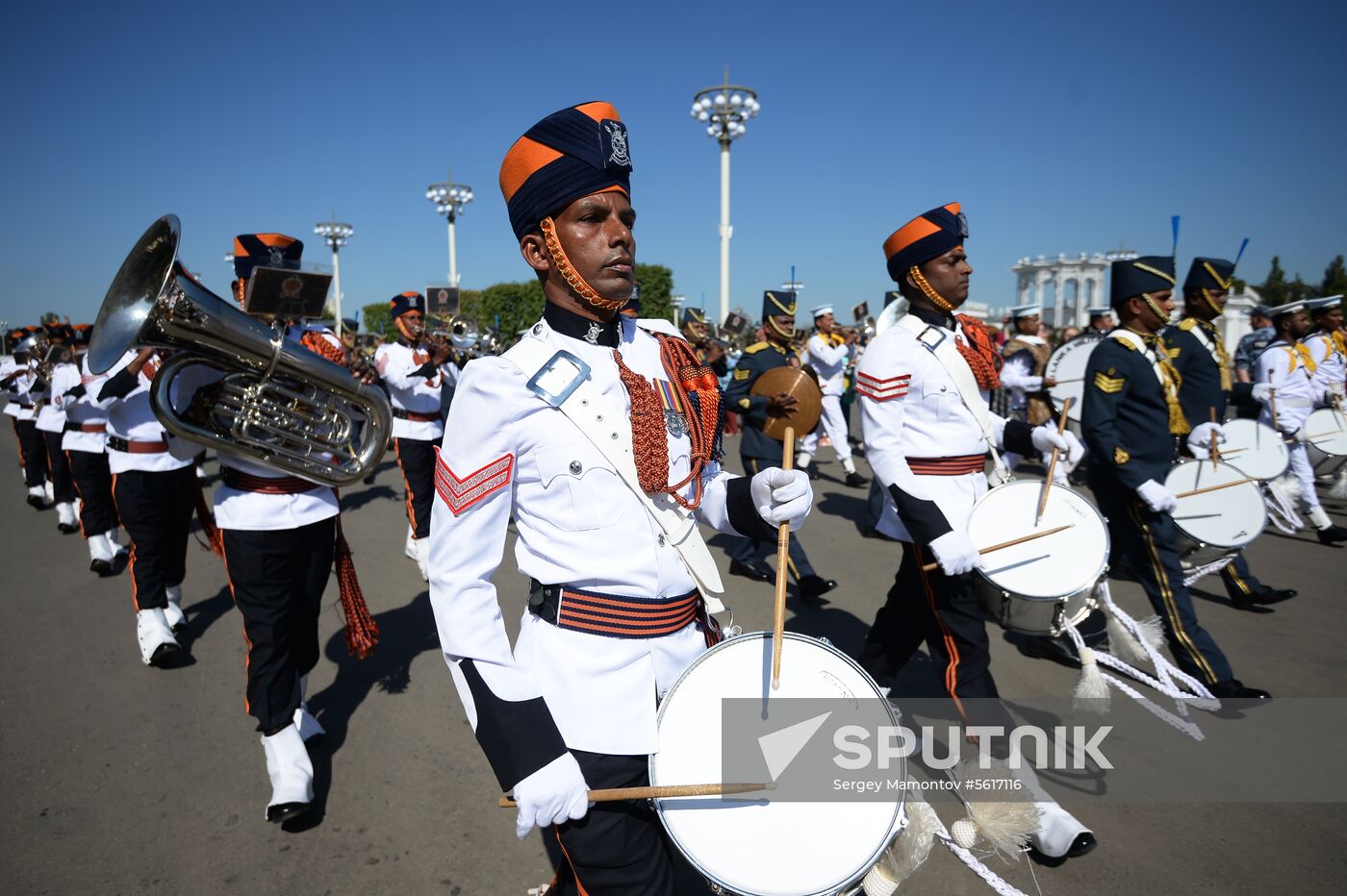 Procession of participants in international military music festival, Spasskaya Tower, at VDNKh