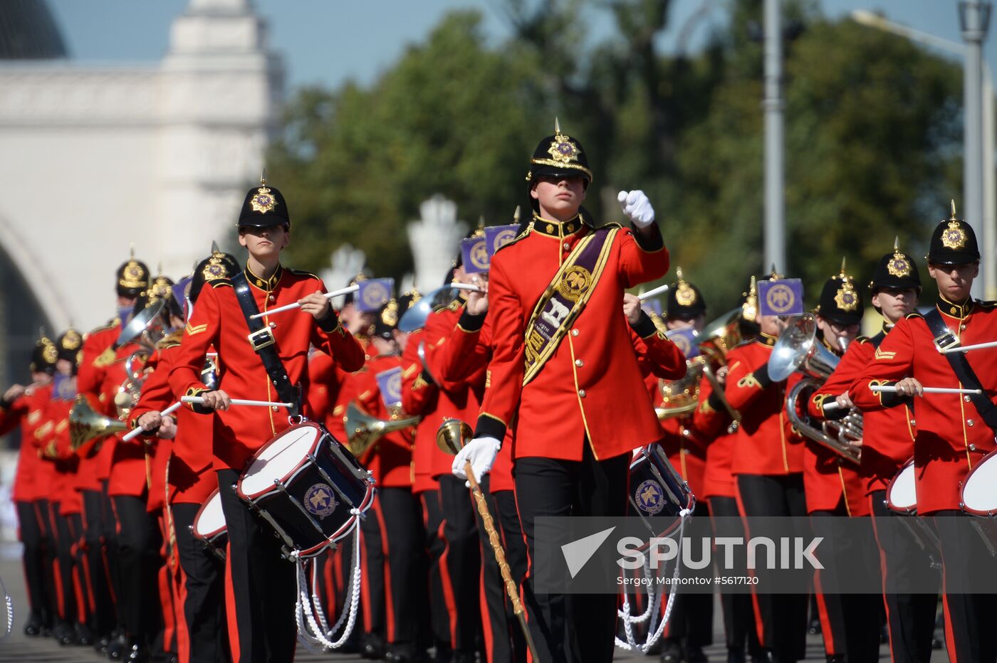 Procession of participants in international military music festival, Spasskaya Tower, at VDNKh