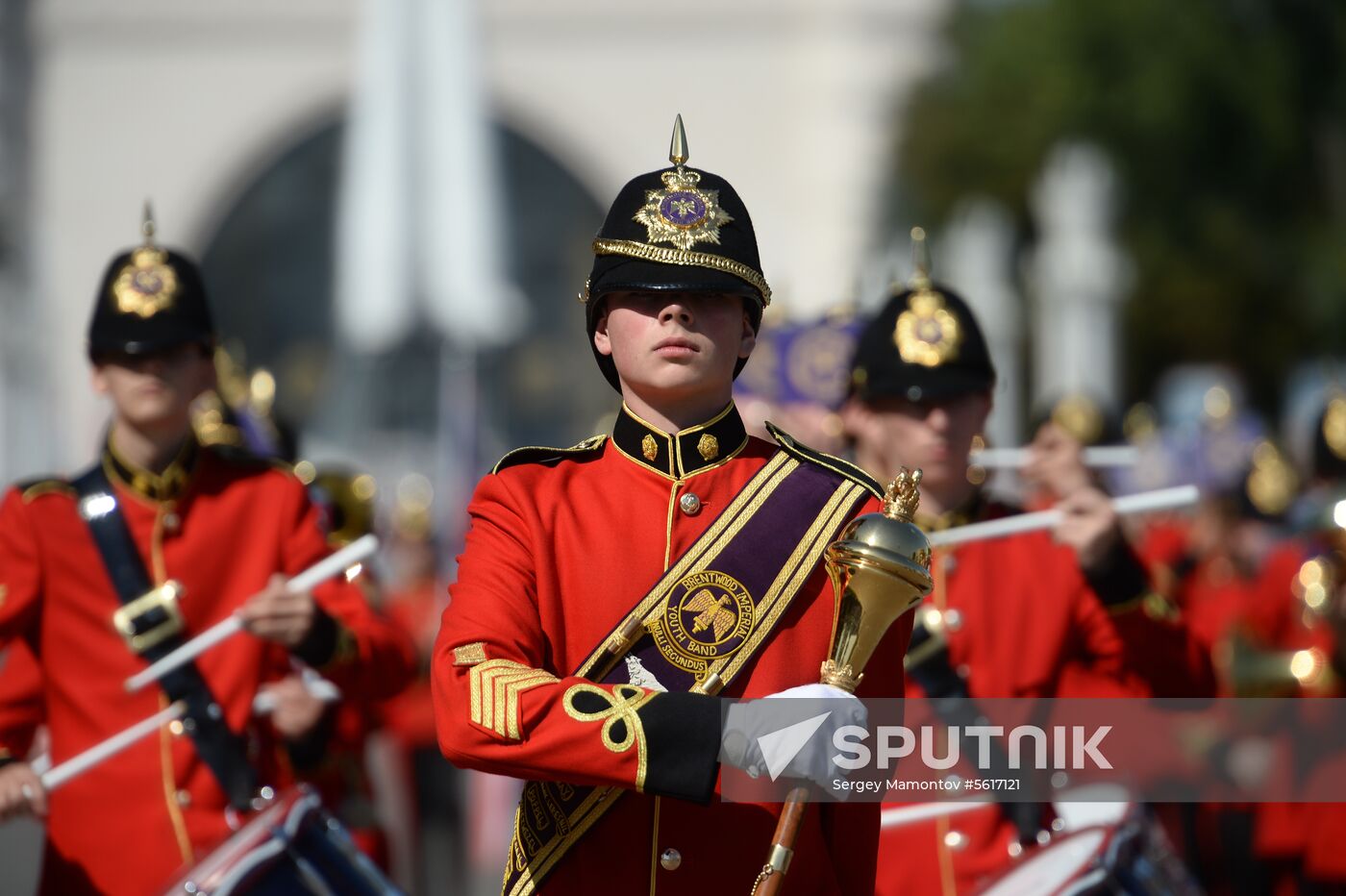 Procession of participants in international military music festival, Spasskaya Tower, at VDNKh