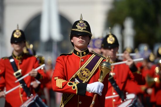 Procession of participants in international military music festival, Spasskaya Tower, at VDNKh