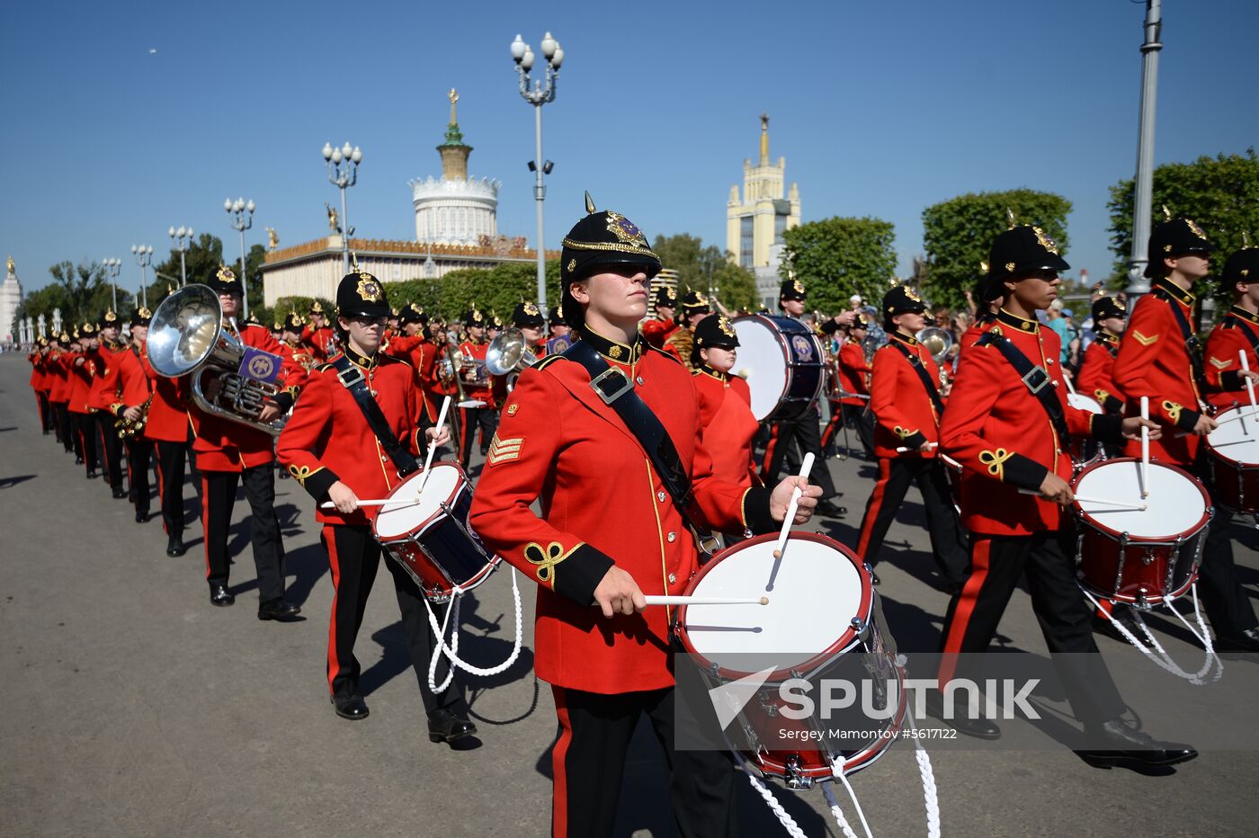Procession of participants in international military music festival, Spasskaya Tower, at VDNKh