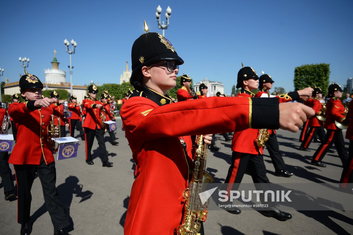 Procession of participants in international military music festival, Spasskaya Tower, at VDNKh