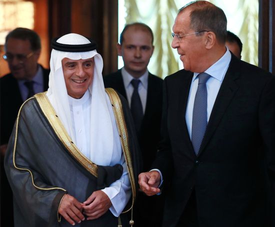 Russian Foreign Minister Sergei Lavrov meets with Saudi Foreign Minister Adel bin Ahmed Al-Jubeir