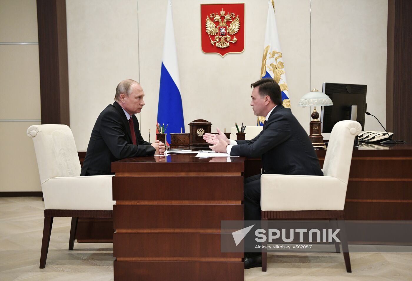 Russian President Vladimir Putin meets with Moscow Region Governor Andrei Vorobyov