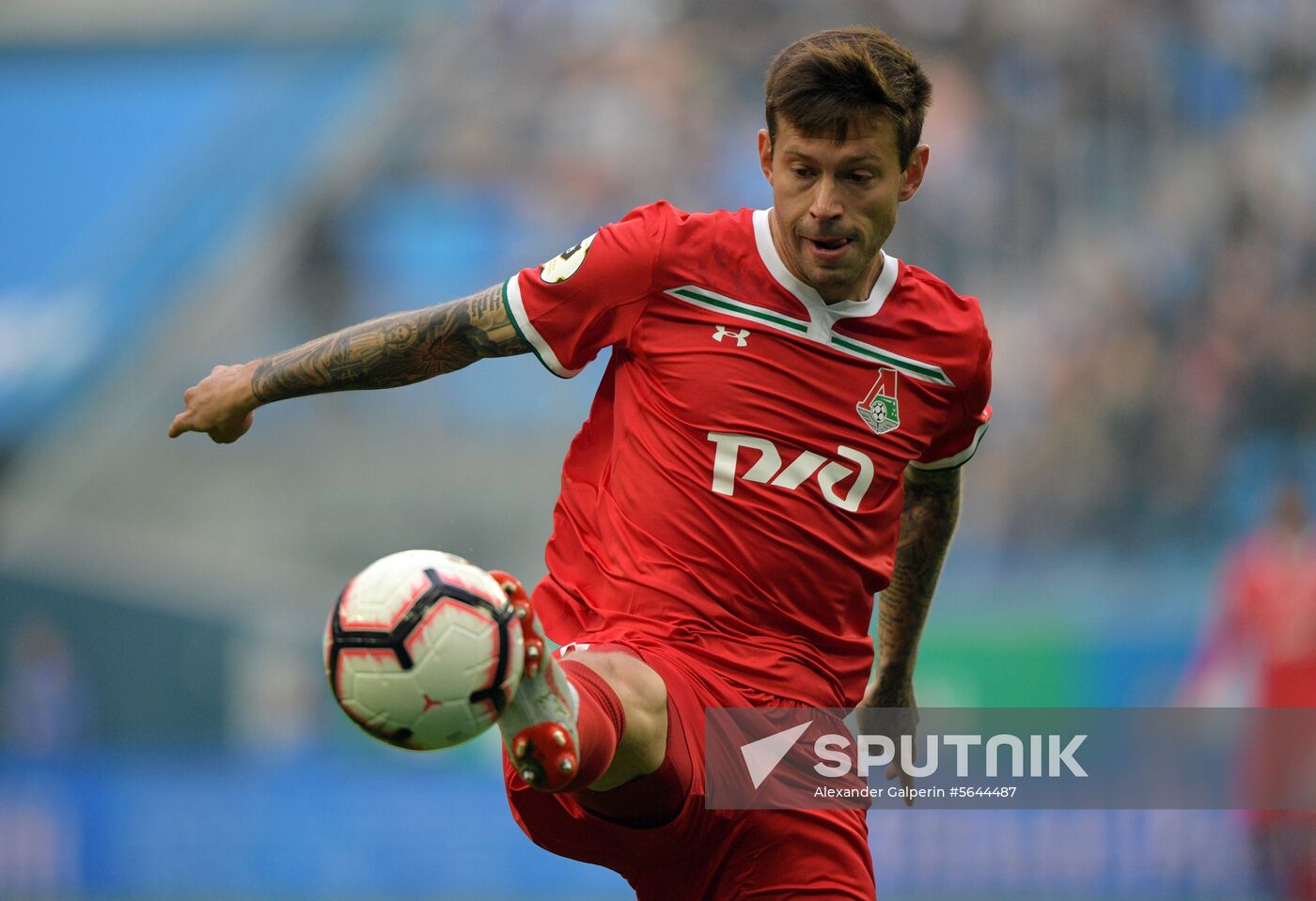 Lokomotiv's Fedor Smolov controls a ball during the Russian Premier League soccer match between Zenit and Lokomotiv Moscow in St. Petersburg, Russia, September 23, 2018. Location: Russia, St. Petersburg. Author: Alexander Galperin/Sputnik. Russia Soccer Zenit - Lokomotiv