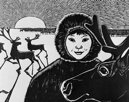 Afanasy Munkhalov's engraving 'Friends' from series 'The sun shines on everyone'