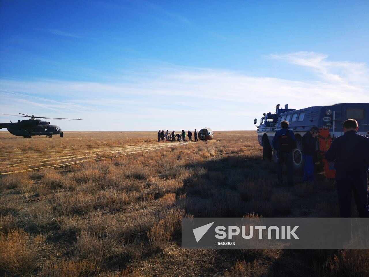 In this handout photo released by Russian Defence Ministry Russia's Soyuz MS-10 capsule lies on the ground after Roskosmos cosmonaut Aleksey Ovchinin, of Russia, and NASA astronaut Nick Hague, of the United States, landed at a remote location near the town of Zhezkazgan, Kazakhstan, October 11, 2018. The two were safe after an emergency landing in the steppes of Kazakhstan following the failure of a Russian booster rocket carrying them to the International Space Station. Editorial use only, no archive, no commercial use. Location: Kazakhstan, Zhezkazgan. Kazakhstan Russia Space