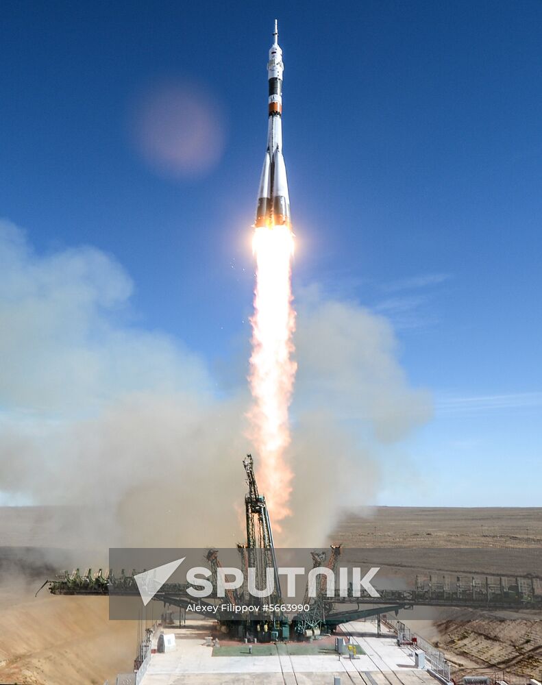 The Soyuz MS-10 spacecraft carrying the crew of NASA astronaut Nick Hague, of the United States, and Roskosmos cosmonaut Aleksey Ovchinin, of Russia, blasts off to the International Space Station (ISS) from the launchpad at the Baikonur Cosmodrome, Kazakhstan, October 11, 2018. Location: Kazakhstan, . Author: Alexey Filippov/Sputnik. Kazakhstan Russia Space