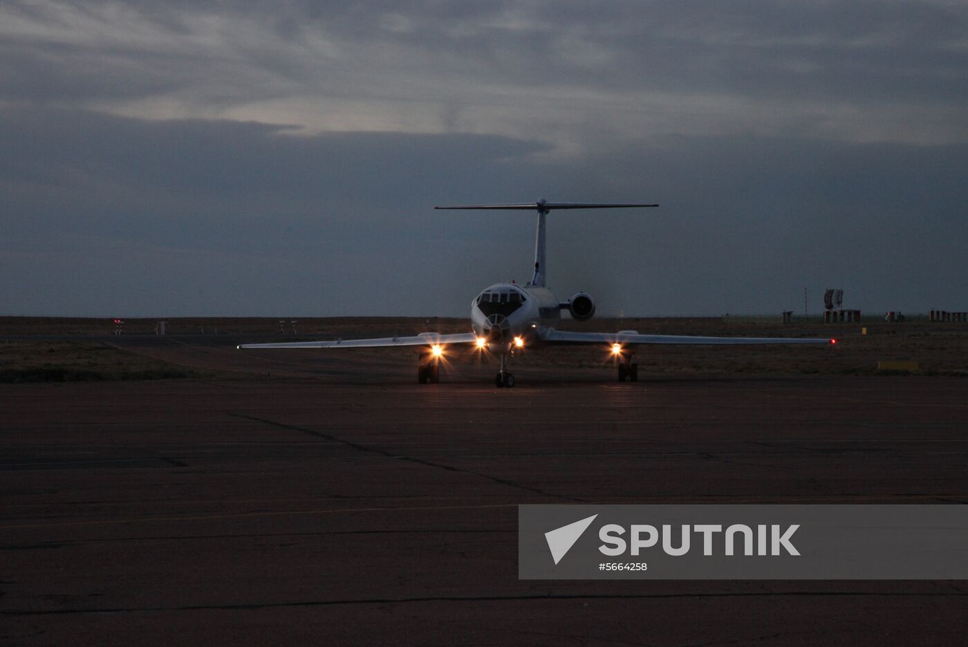 In this handout photo released by Roscosmos the plane carrying Roskosmos cosmonaut Aleksey Ovchinin, of Russia, and NASA astronaut Nick Hague, of the United States, taxis across the tarmac upon landing at the Krainyi airport, outside Baikonur, Kazakhstan, October 11, 2018. The two were safe after an emergency landing in the steppes of Kazakhstan following the failure of a Russian booster rocket carrying them to the International Space Station. Editorial use only, no archive, no commercial use. Location: Kazakhstan, . Kazakhstan Russia Space