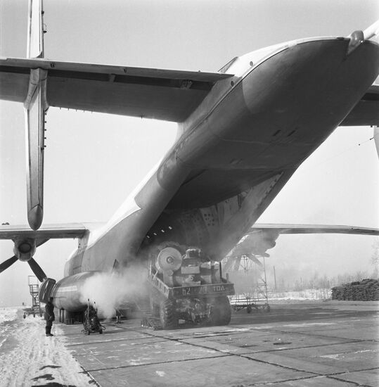 Soviet-made Antonov An-22 Antei/Cock heavy military transport aircraft