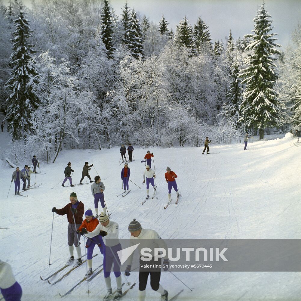 Moscow State University skiing club's members exercise